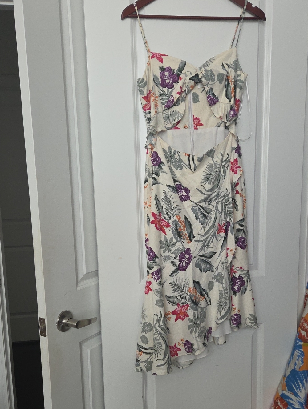 Floral Cutout Midi Dress in Cream with Ruffle Pink & Purple Blooms